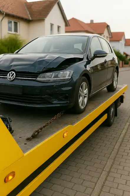 Ein defektes Auto, das in Hannover zum Autoankauf abgeschleppt wird.